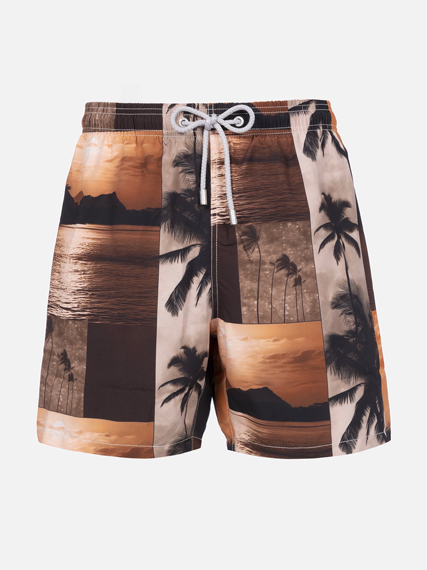 Man mid-length Gustavia swim-shorts with photo sunset print | AI CO-CREATED DESIGN BY RICKDICK - POWERED BY RED-EYE