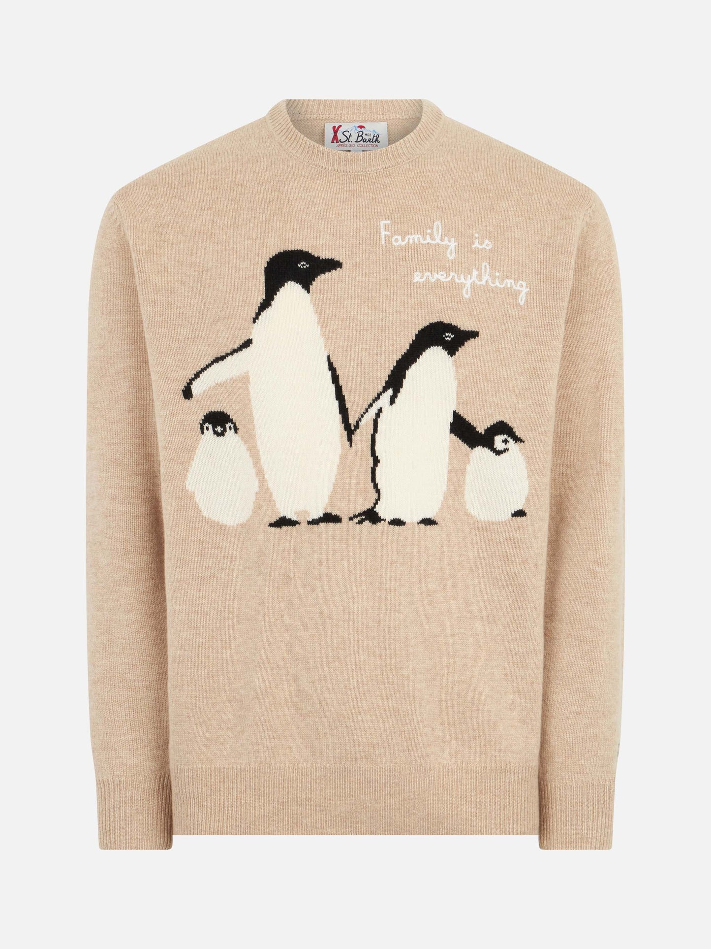 Herrenpullover mit Pinguin-Aufdruck und „Family is everything“-Stickerei