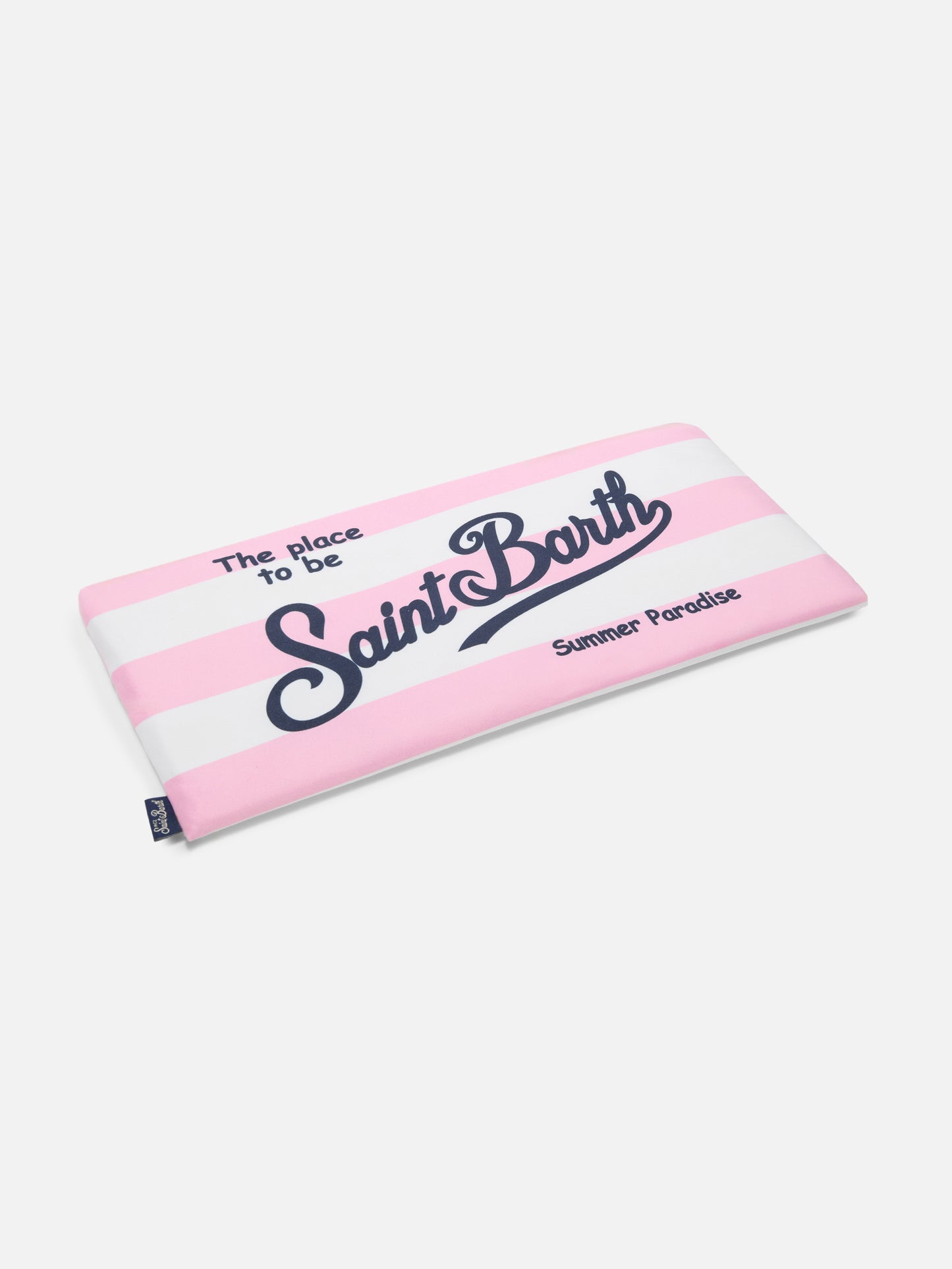 Aidan beach towel with pink and white stripes and logo