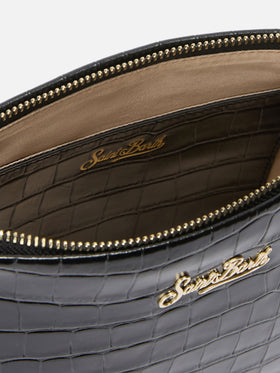 Aline Shoulder Bag in crocodile-print black leather