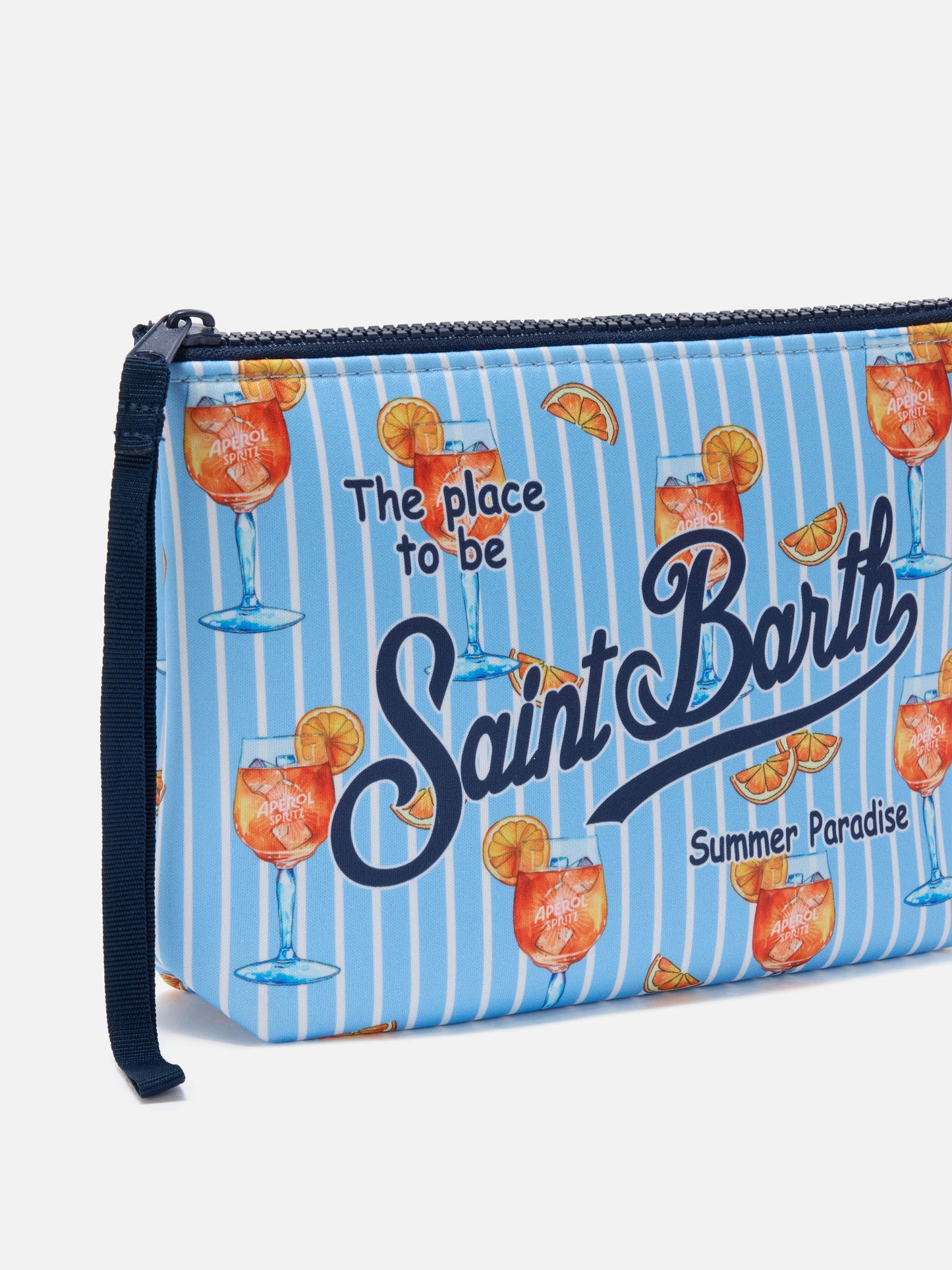 Aline Scuba-Pouch mit hellblauen Streifen und Spritz-Print