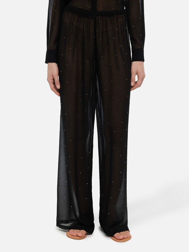 Schwarze Georgette-Hose Amalia mit weitem Bein und Strassverzierung