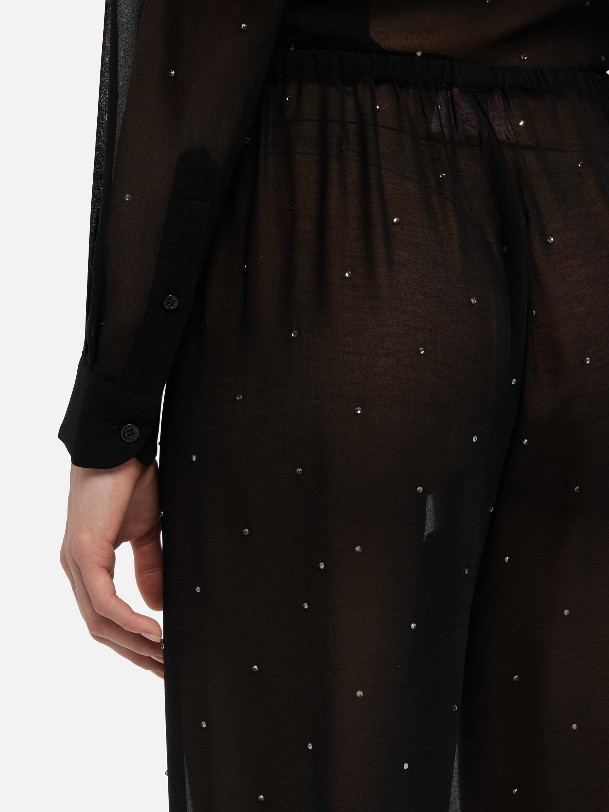 Amalia black wide-leg georgette trousers with rhinestone embellishment - MC2 Saint Barth