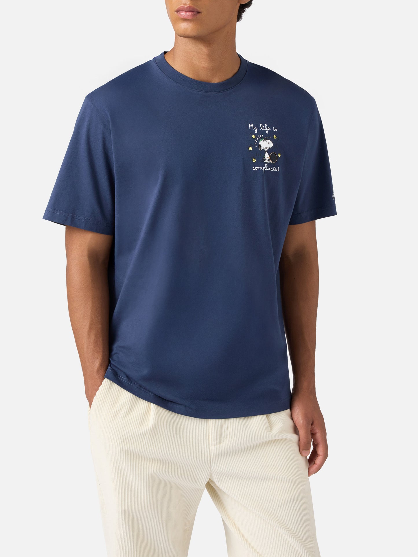 T-shirt Arnott in cotone blu con ricamo Snoopy My life is complicated | PEANUTS SPECIAL EDITION
