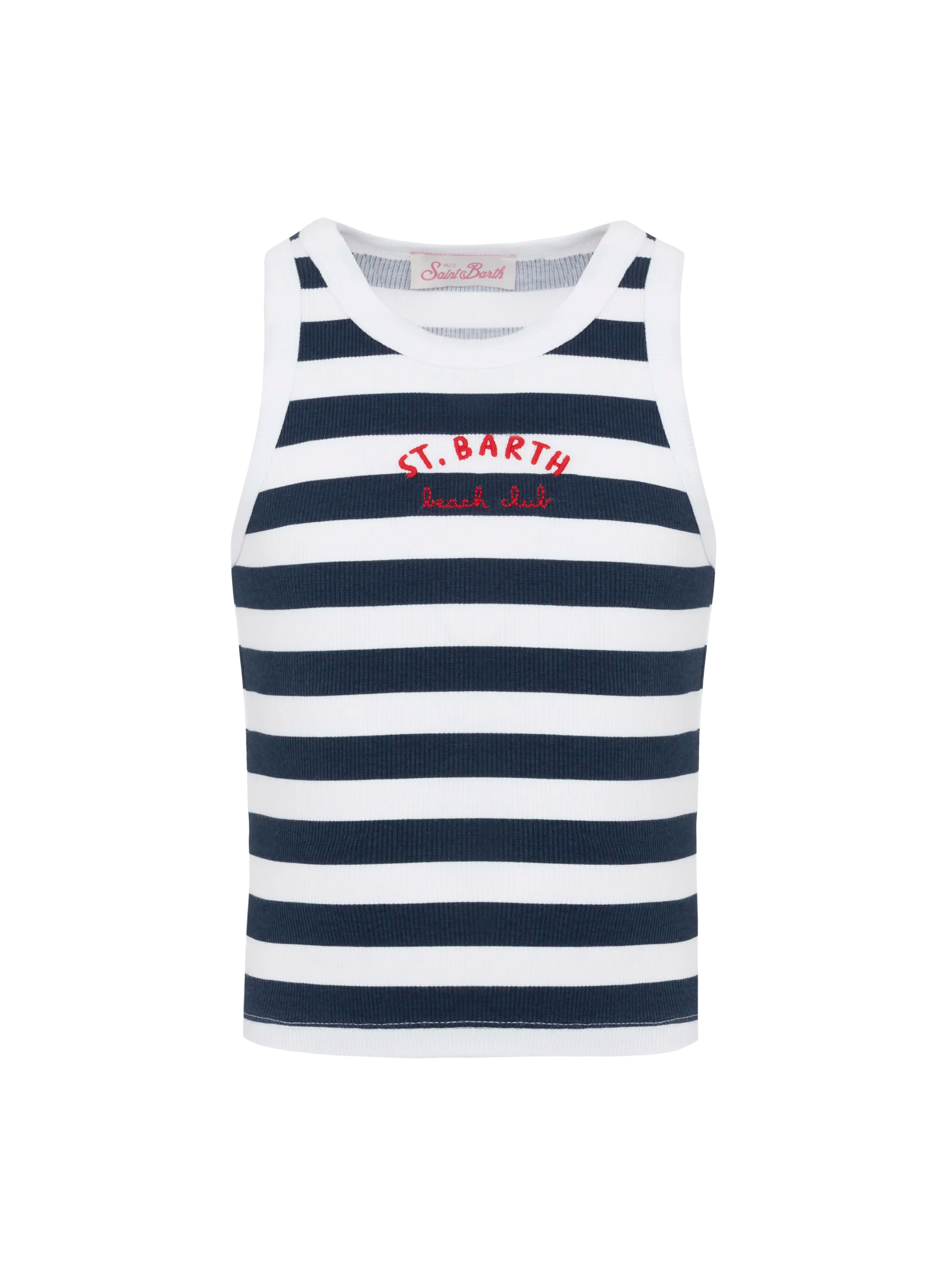 Blue Jr navy blue striped rib-knit cotton crop tank with embroidery - MC2 Saint Barth