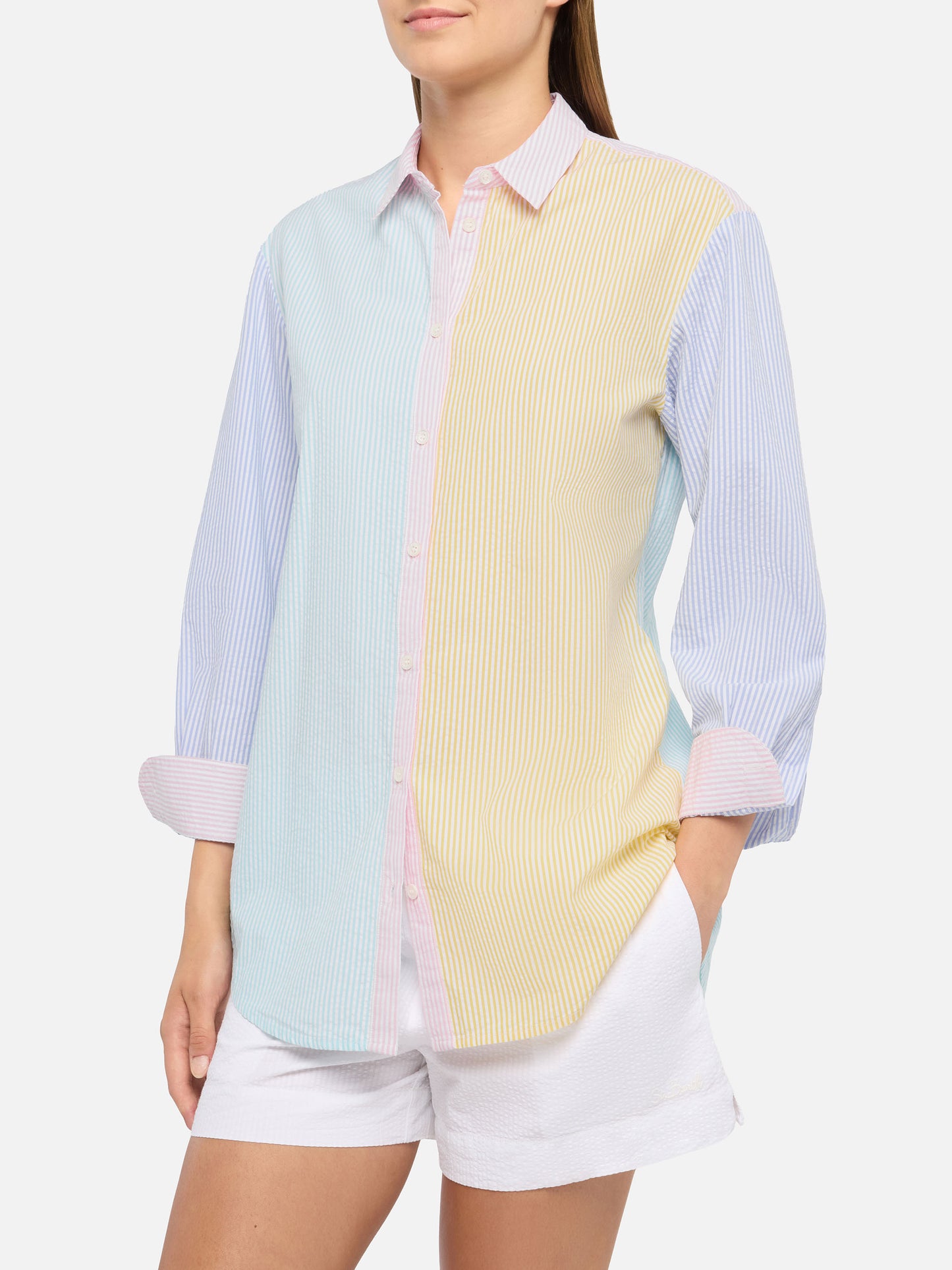 Brigitte striped-print seersucker shirt with Saint Barth embroidery