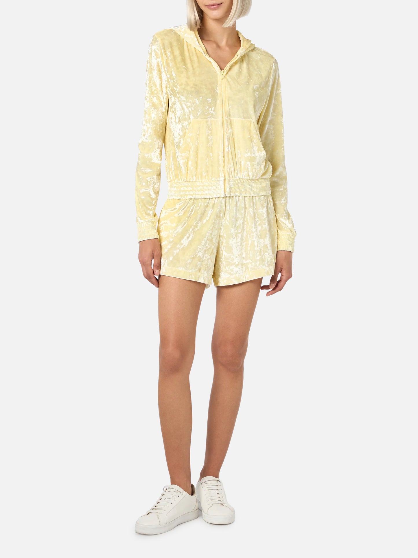 Woman pale yellow chenille pull up shorts Cate