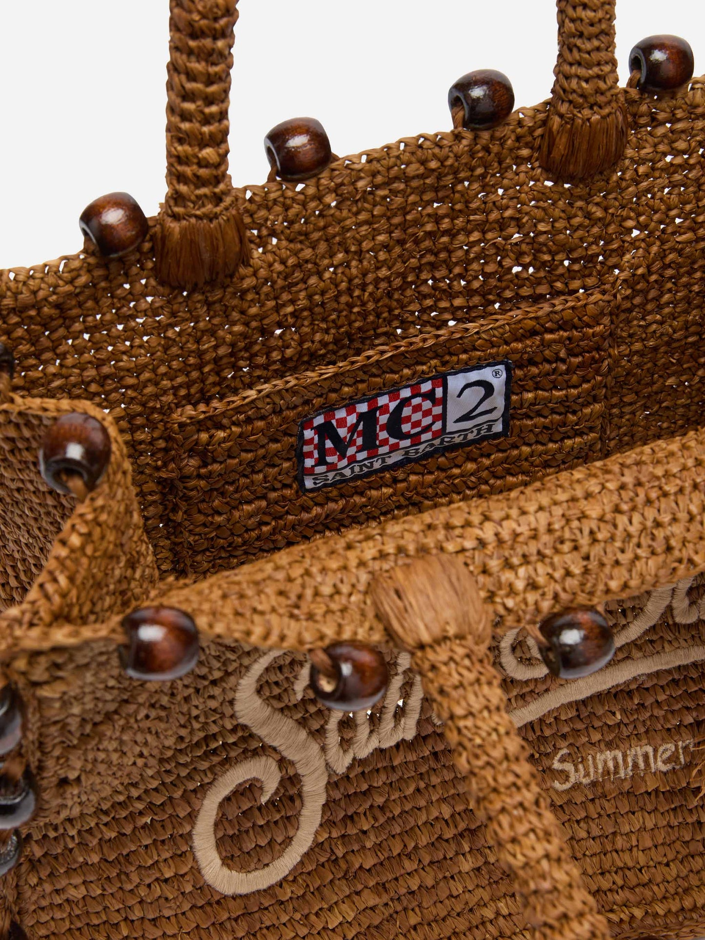 Colette raffia bag with embroidered logo and applied beads