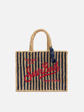 Colette Raffia navy blue striped handbag with logo  embroidery