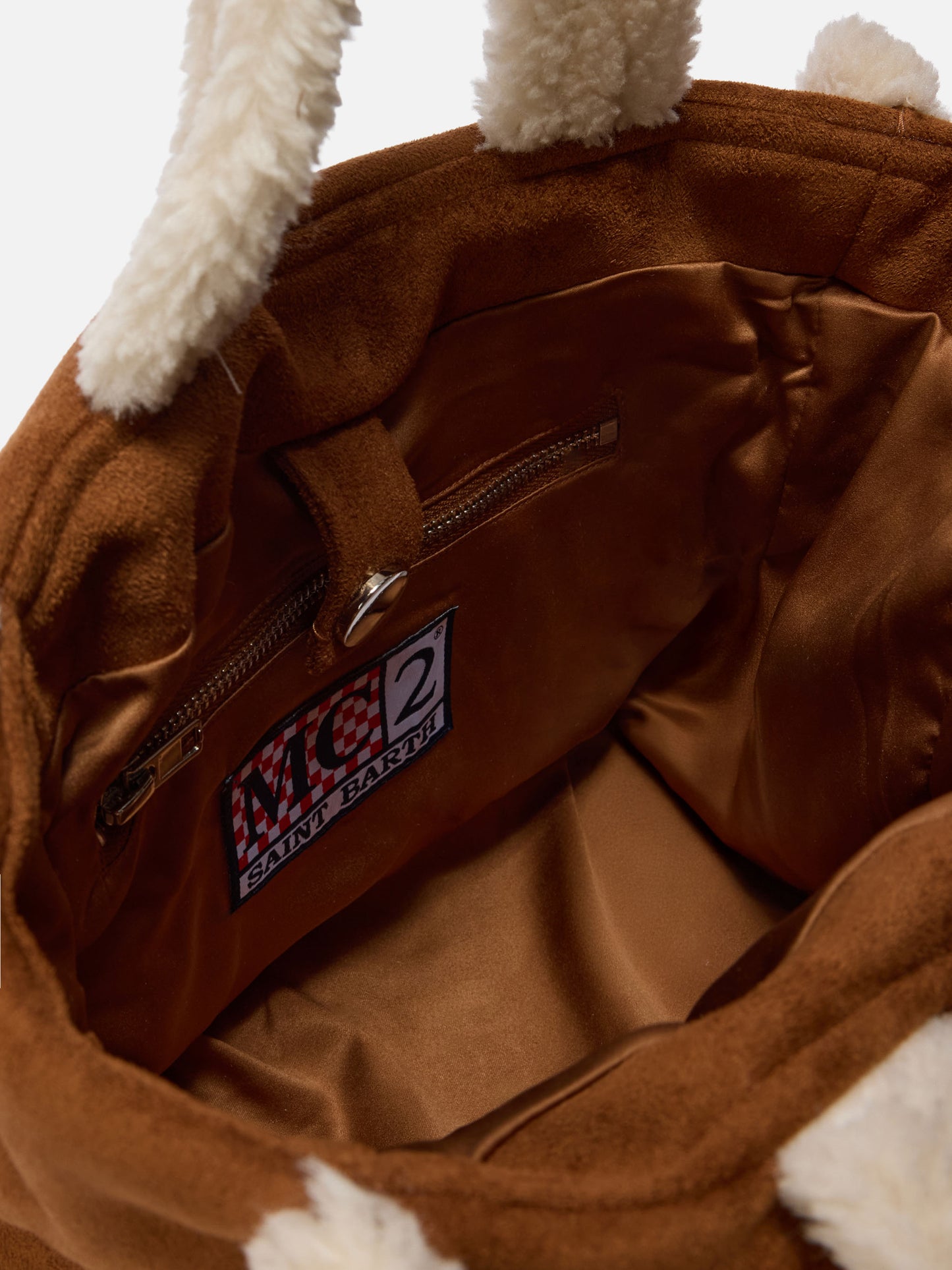 Colette Shearling Handbag in faux suede camel with shearling details