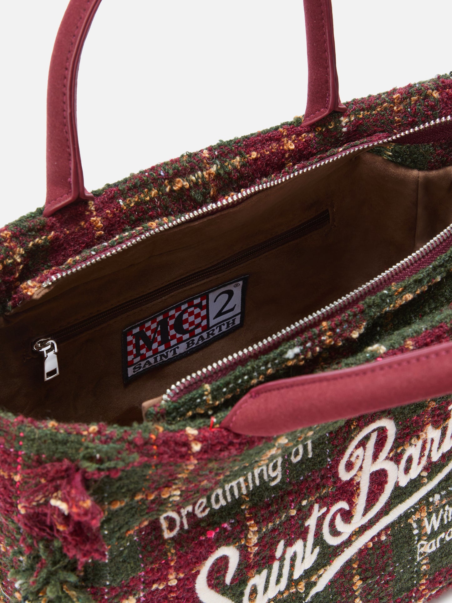 Colette Tweed-Handtasche aus bordeauxfarbenem Wollmischgewebe mit Karomuster.