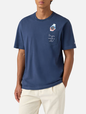 Connor cotton T-shirt in blue with Do you want a cola? pocket embroidery