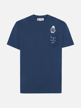 Connor cotton T-shirt in blue with Do you want a cola? pocket embroidery