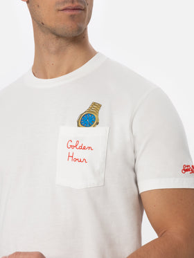 Weißes Baumwoll-T-Shirt für Herren „Connor“ mit „Golden Hour“-Stickerei