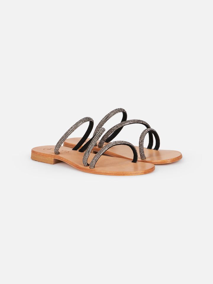 Cora flat sandals with black rhinestones