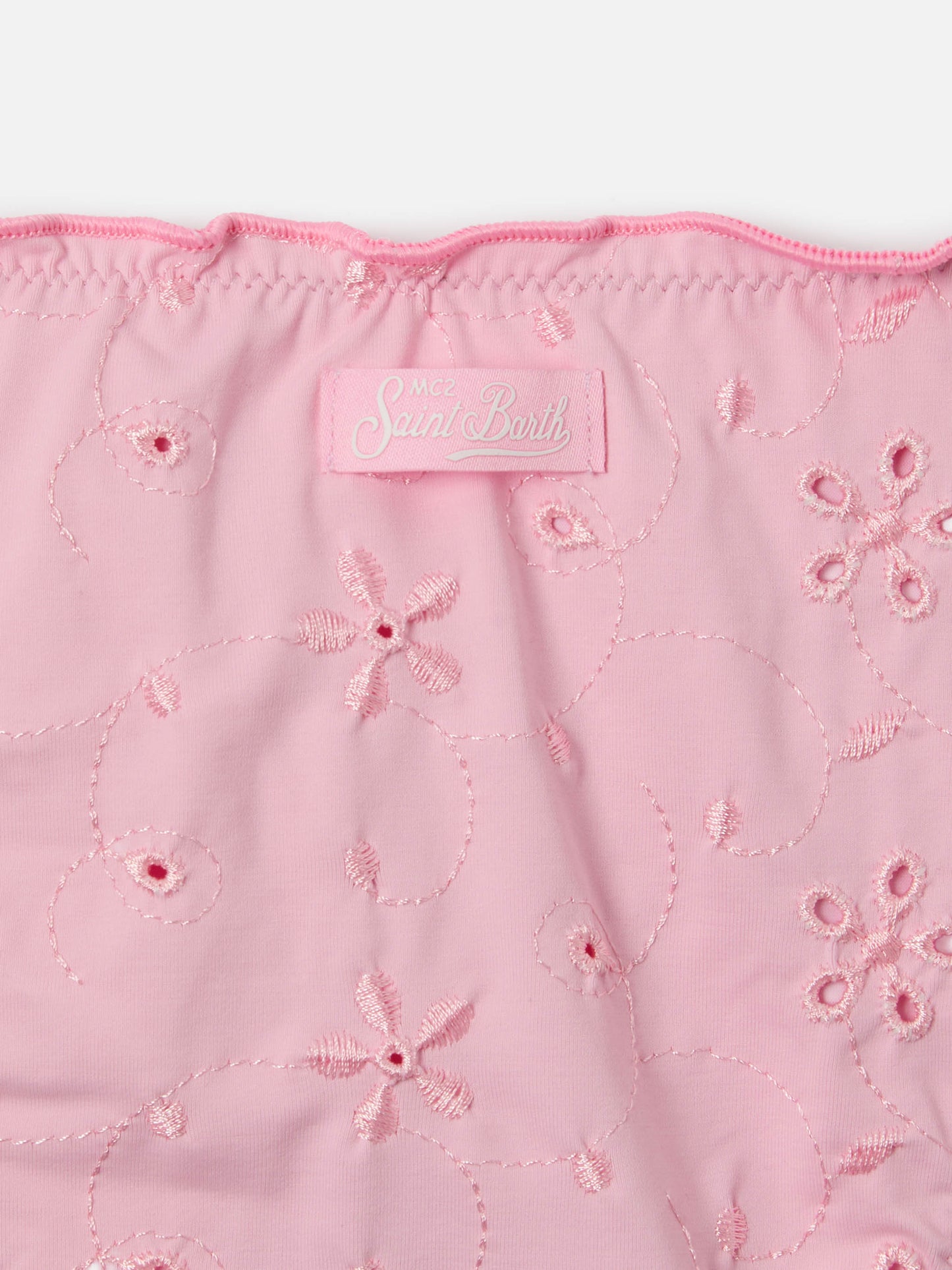 Bikini Cris in tessuto sangallo rosa con bordi arricciati