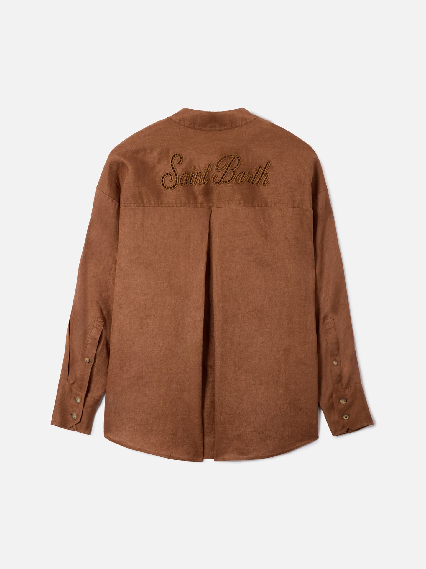 Camicia Cristal in lino marrone con ricamo Saint Barth traforato