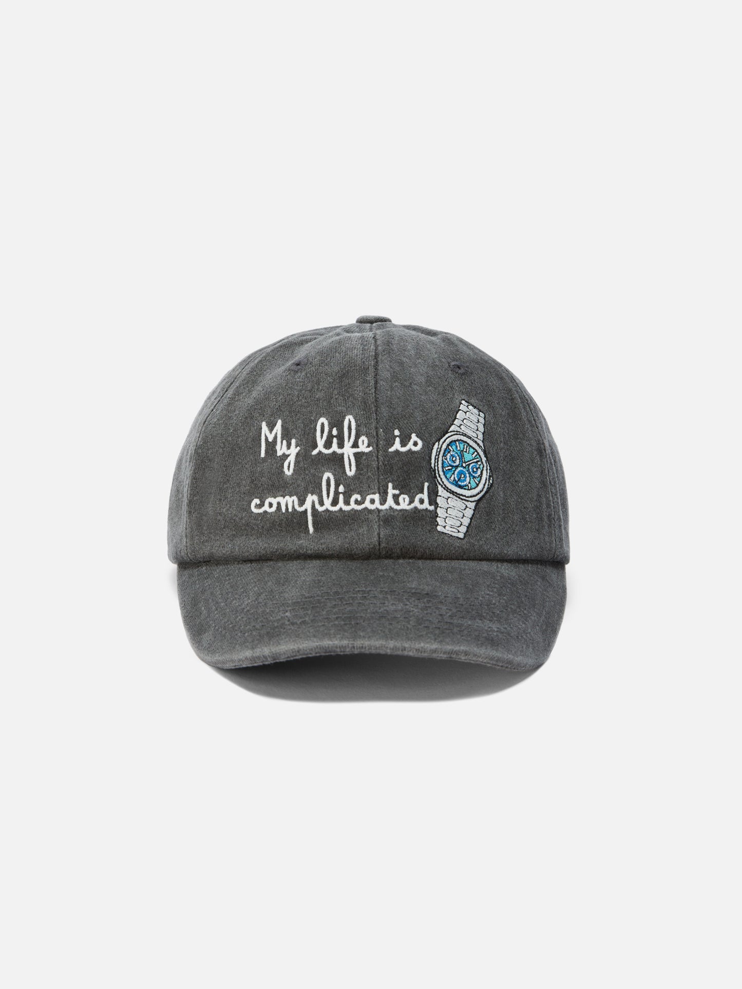 Davis Baseball Cap in denim with “My life is complicated” embroidery