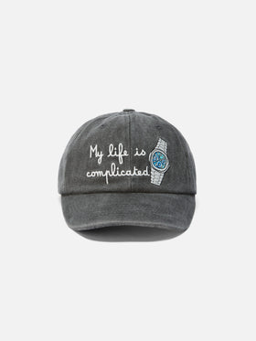 Davis Baseball Cap in denim with “My life is complicated” embroidery