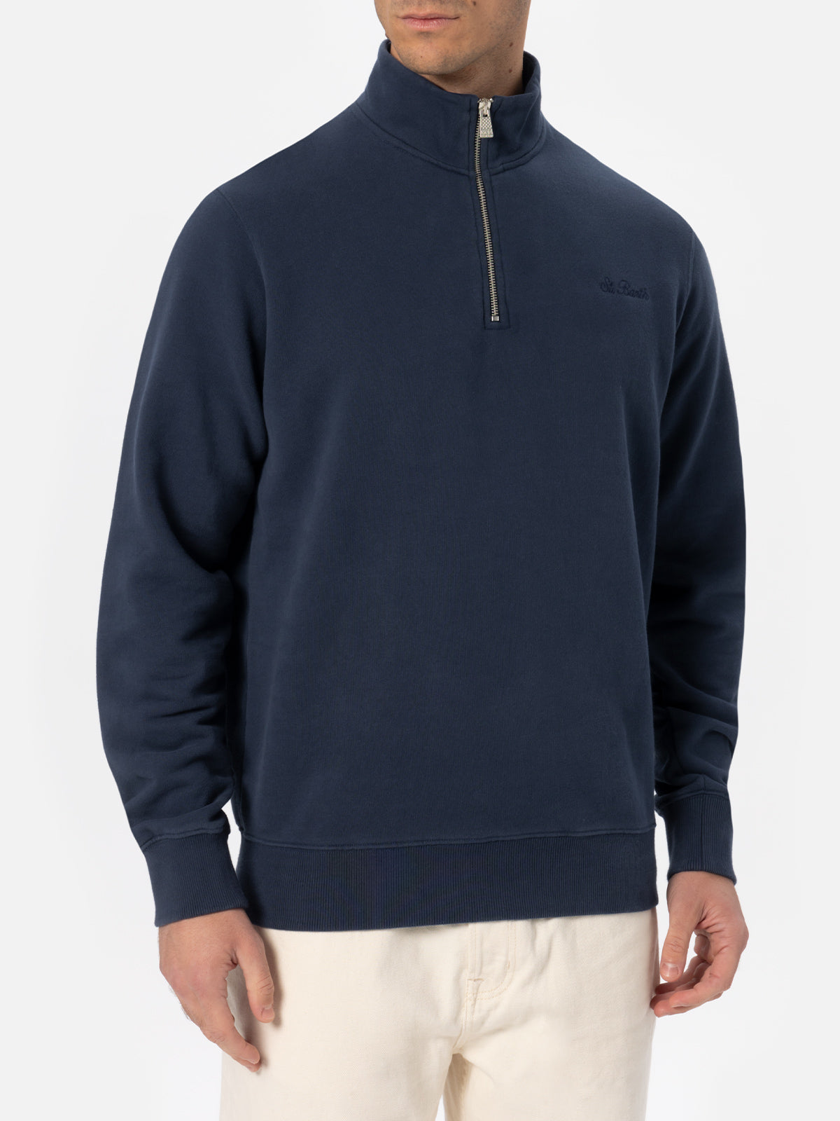 Man navy blue half zipped sweatshirt Dunkan with St. Barth embroidery - MC2 Saint Barth