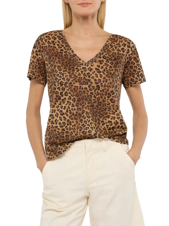 Eloise t-shirt scollo a V in jersey di lino con stampa animalier