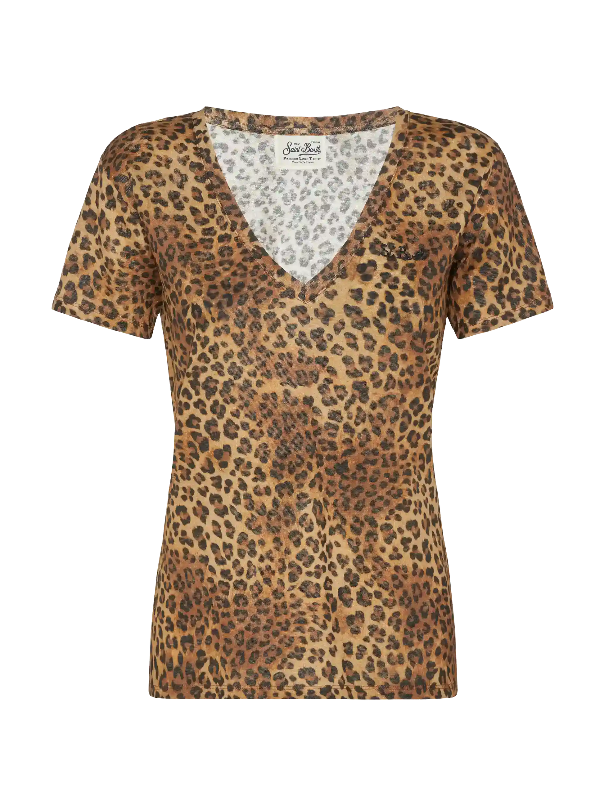 Linen jersey V-neck t-shirt Eloise with animalier print - MC2 Saint Barth