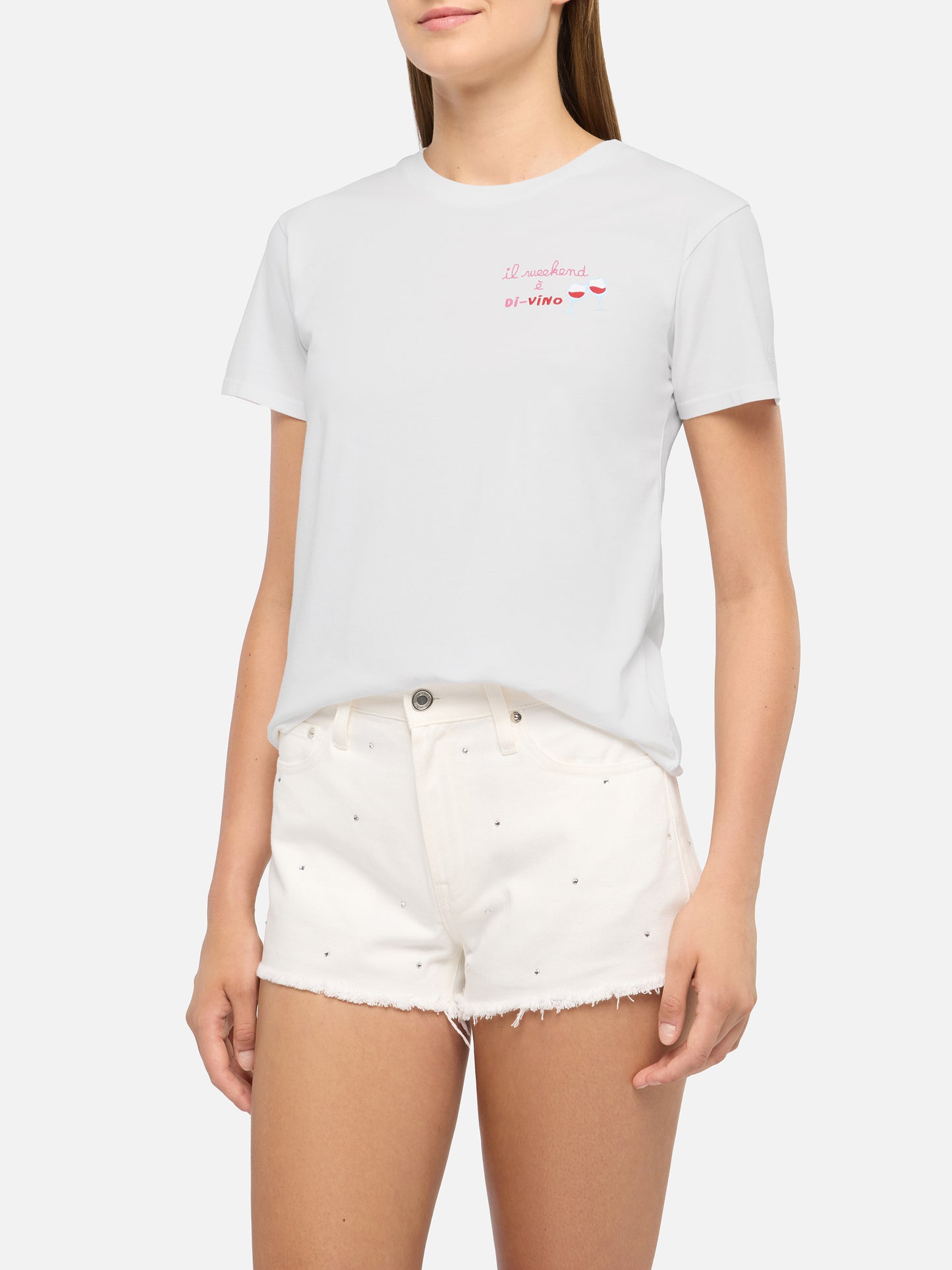 Emilie t-shirt in cotone con ricamo Il week-end è di-vino