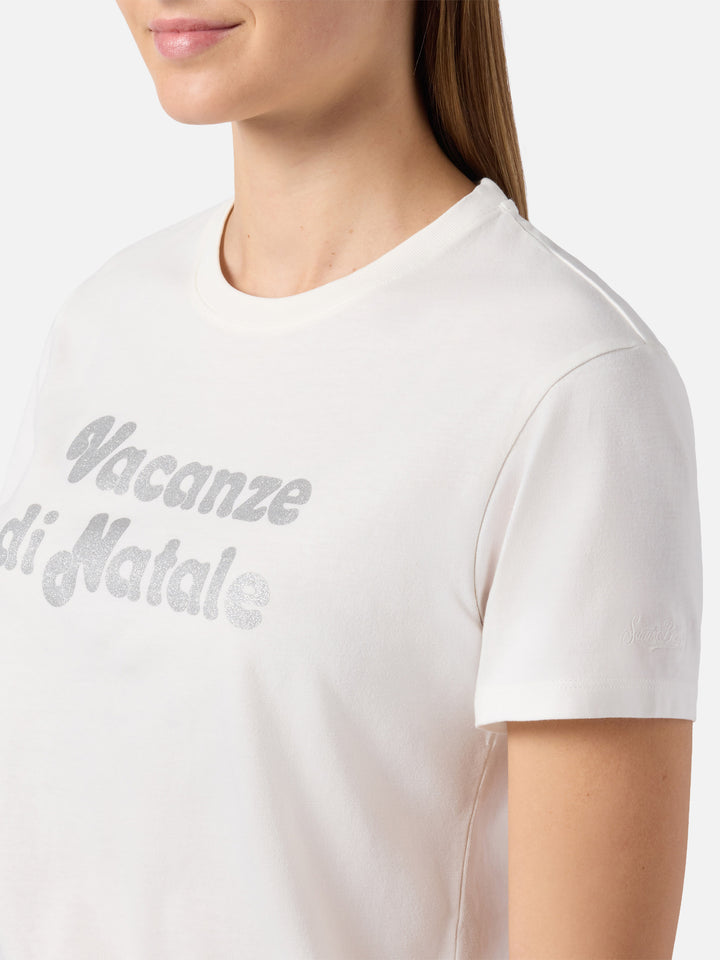 T-shirt Emilie in cotone bianco con applicazione glitter argento Vacanze di Natale | VACANZE DI NATALE SPECIAL EDITION