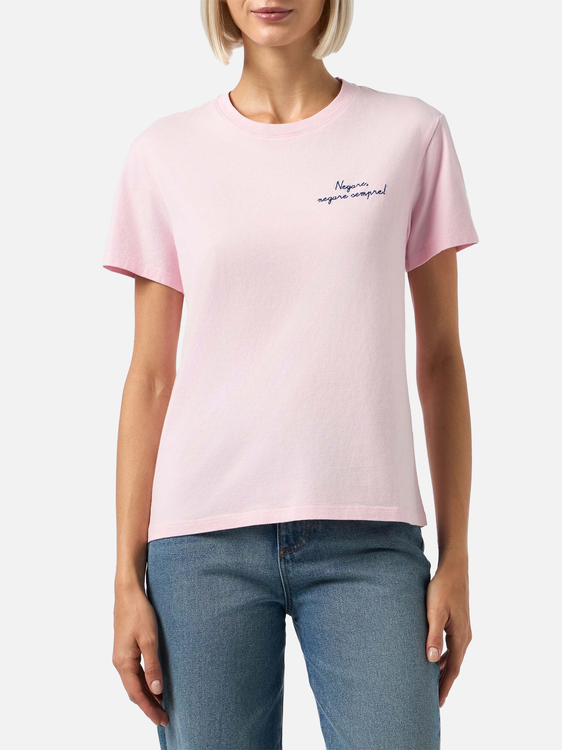 Woman heavy cotton pink t-shirt Emilie with Negare, negare sempre! embroidery | VACANZE DI NATALE SPECIAL EDITION - MC2 Saint Barth