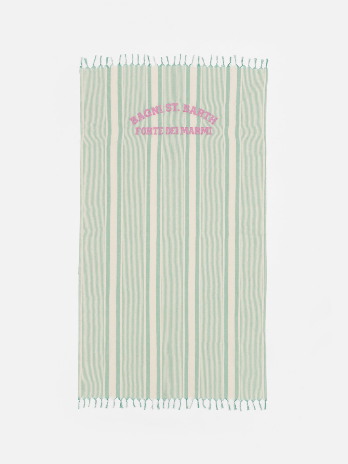 Telo mare Fouta in cotone leggero con stampa a righe verde acqua e ricamo