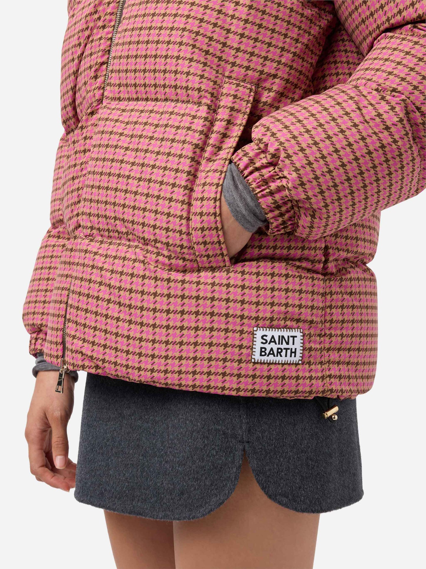 Daunenwattierte Jacke Geneve mit Kapuze und Hahnentritt-Muster