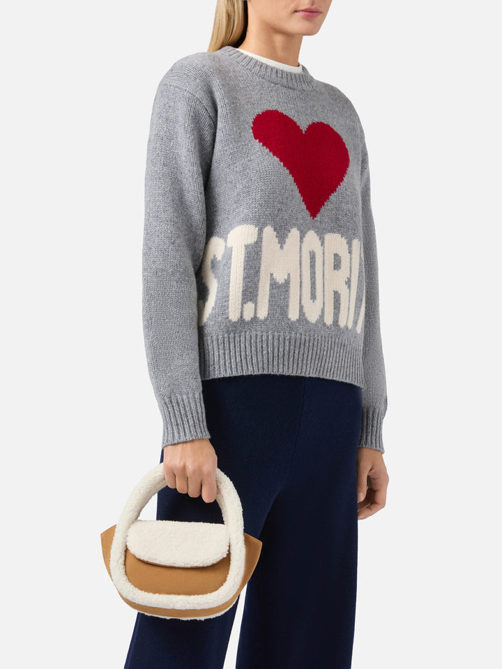 Borsa a mano Gilda Mutton Suede in faux suede e shearling beige