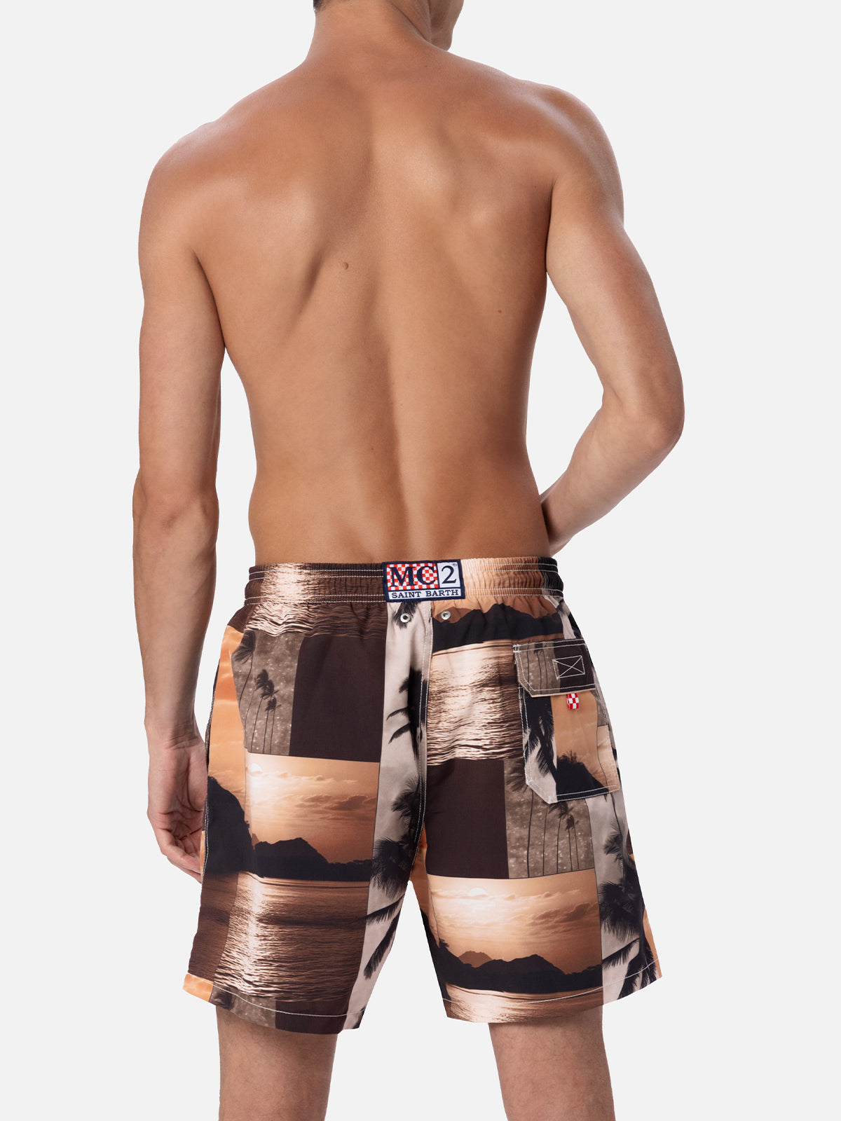 Man mid-length Gustavia swim-shorts with photo sunset print | AI CO-CREATED DESIGN BY RICKDICK - POWERED BY RED-EYE