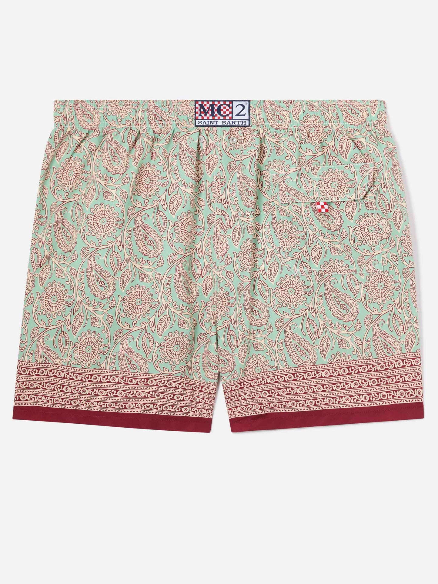 Gustavia aqua green swim shorts with contrasting paisley print