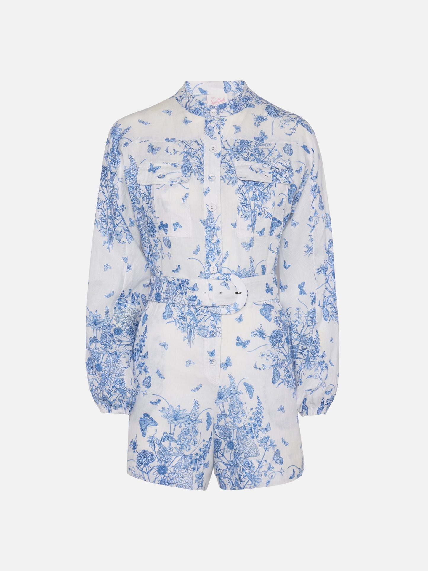 Hanniel linen playsuit with butterfly toile de jouy print