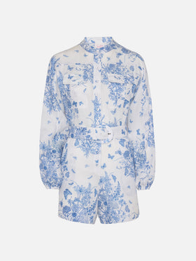 Hanniel linen playsuit with butterfly toile de jouy print