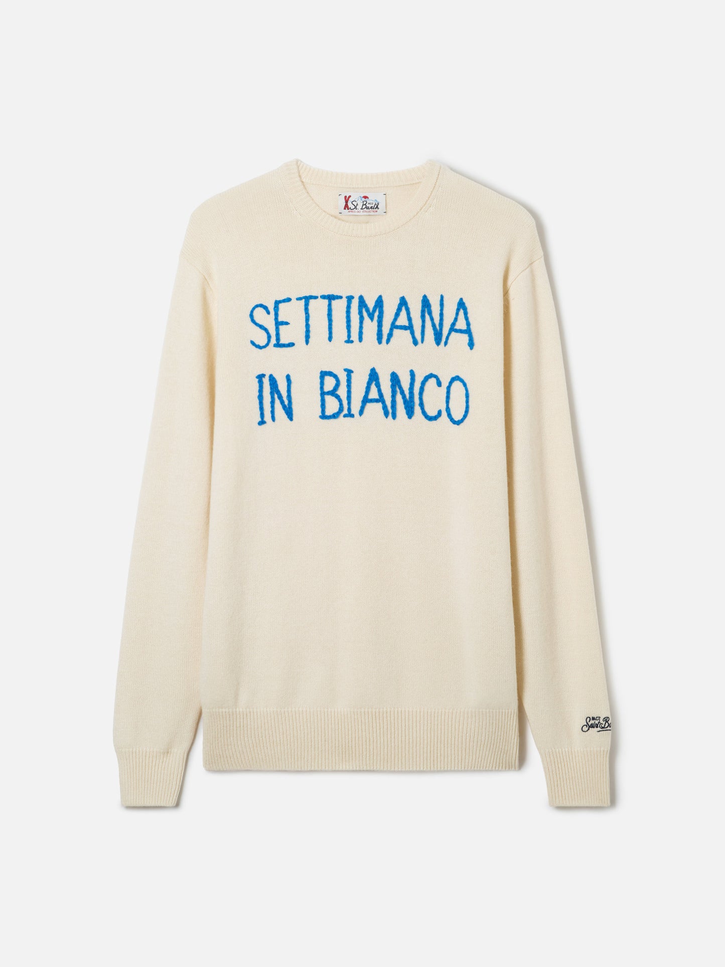 Man white sweater with Settimana in bianco embroidery
