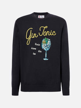 Blue sweater Heron with Gin Tonic embroidery