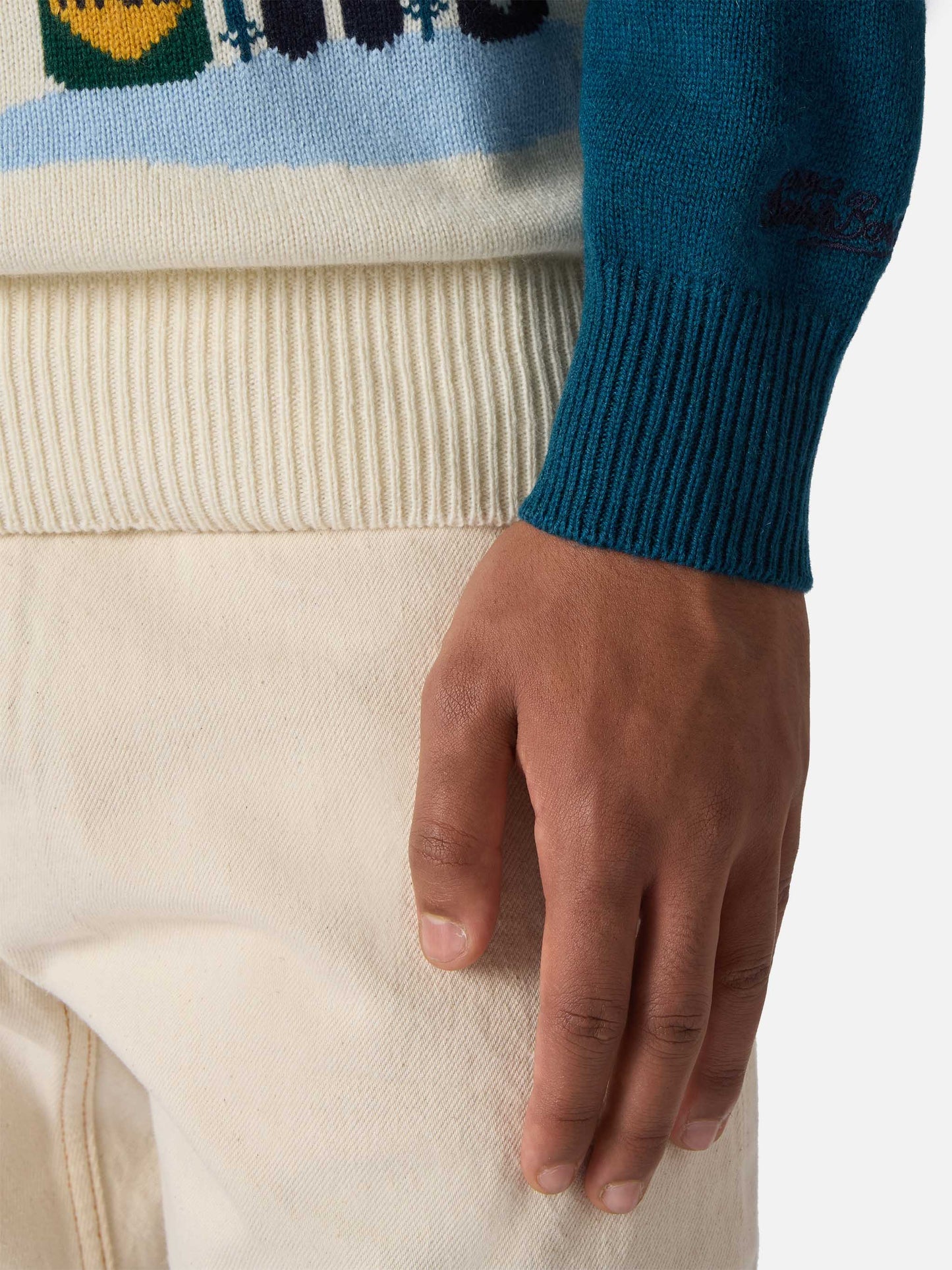 Heron sweater in teal green with Après Ski postcard jacquard