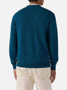 Heron sweater in teal green with Après Ski postcard jacquard