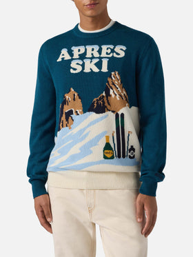 Heron sweater in teal green with Après Ski postcard jacquard