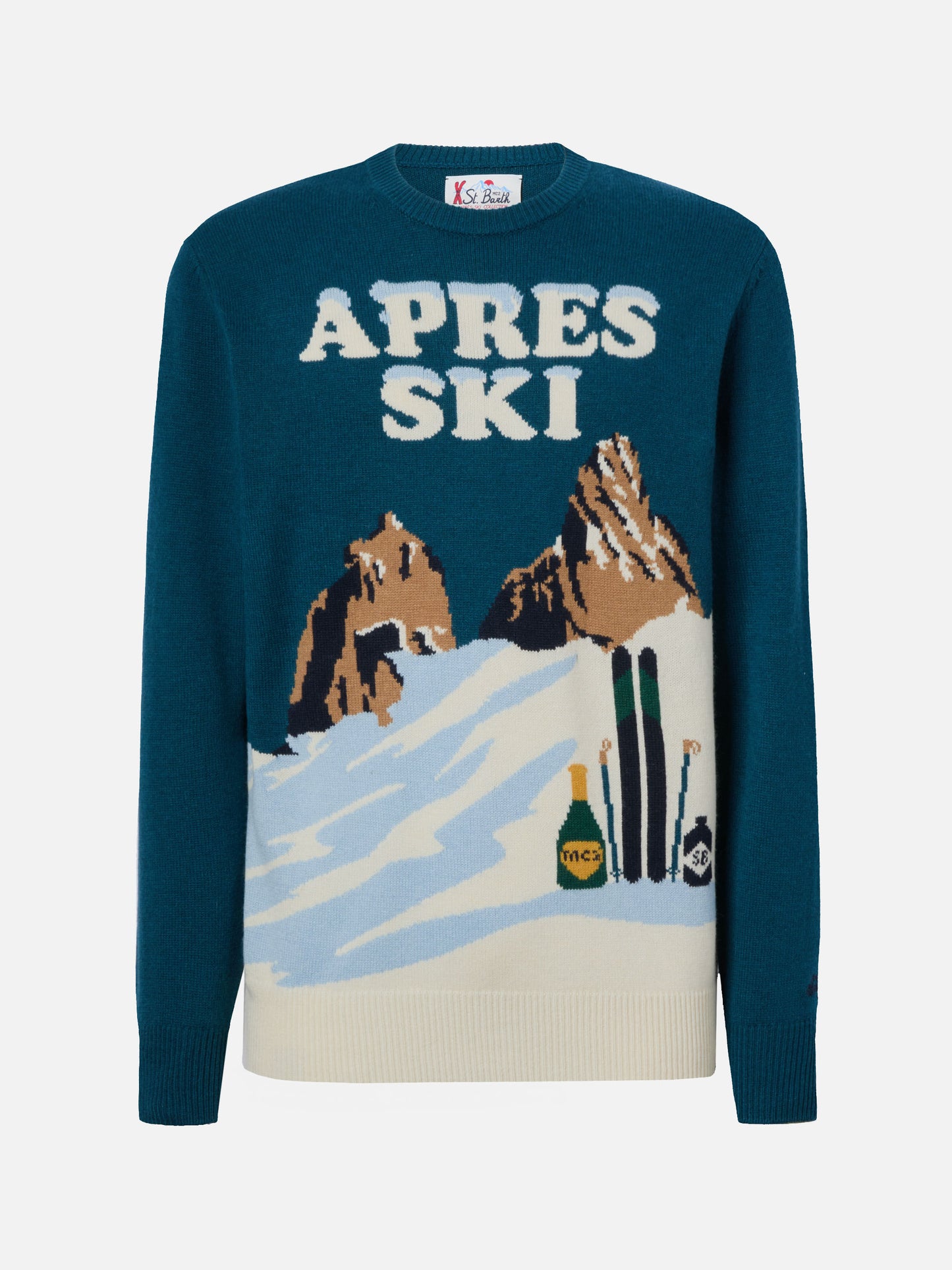 Heron sweater in teal green with Après Ski postcard jacquard
