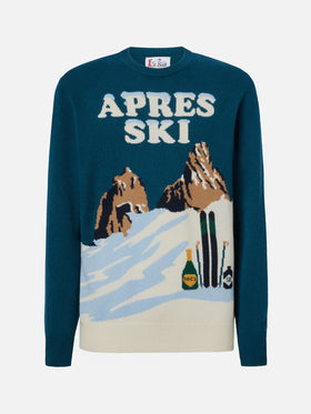 Heron sweater in teal green with Après Ski postcard jacquard