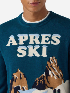 Heron sweater in teal green with Après Ski postcard jacquard