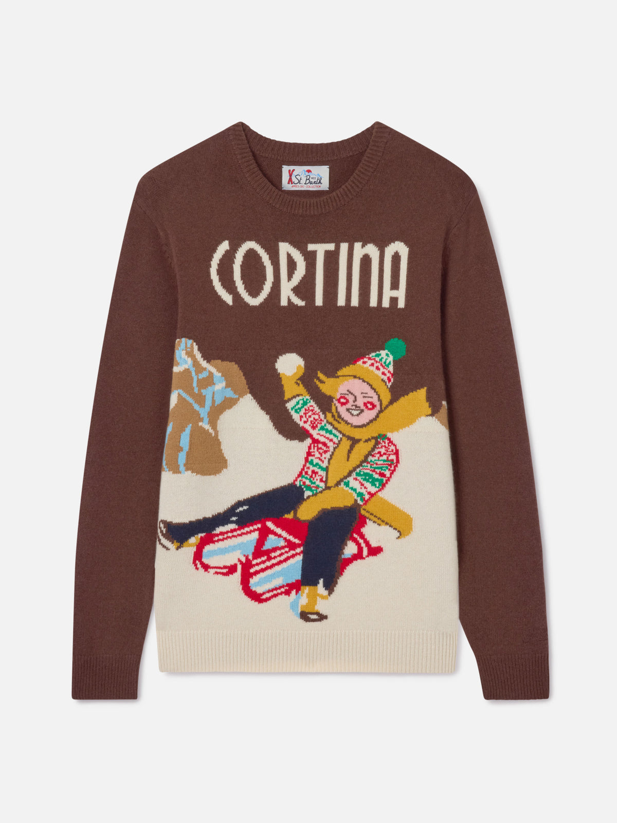 Brown Heron sweater with Cortina postcard jacquard