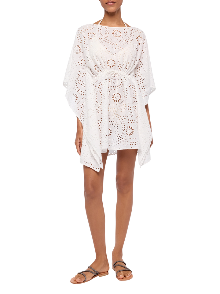 Iria cotton kaftan in white Sangallo lace fabric