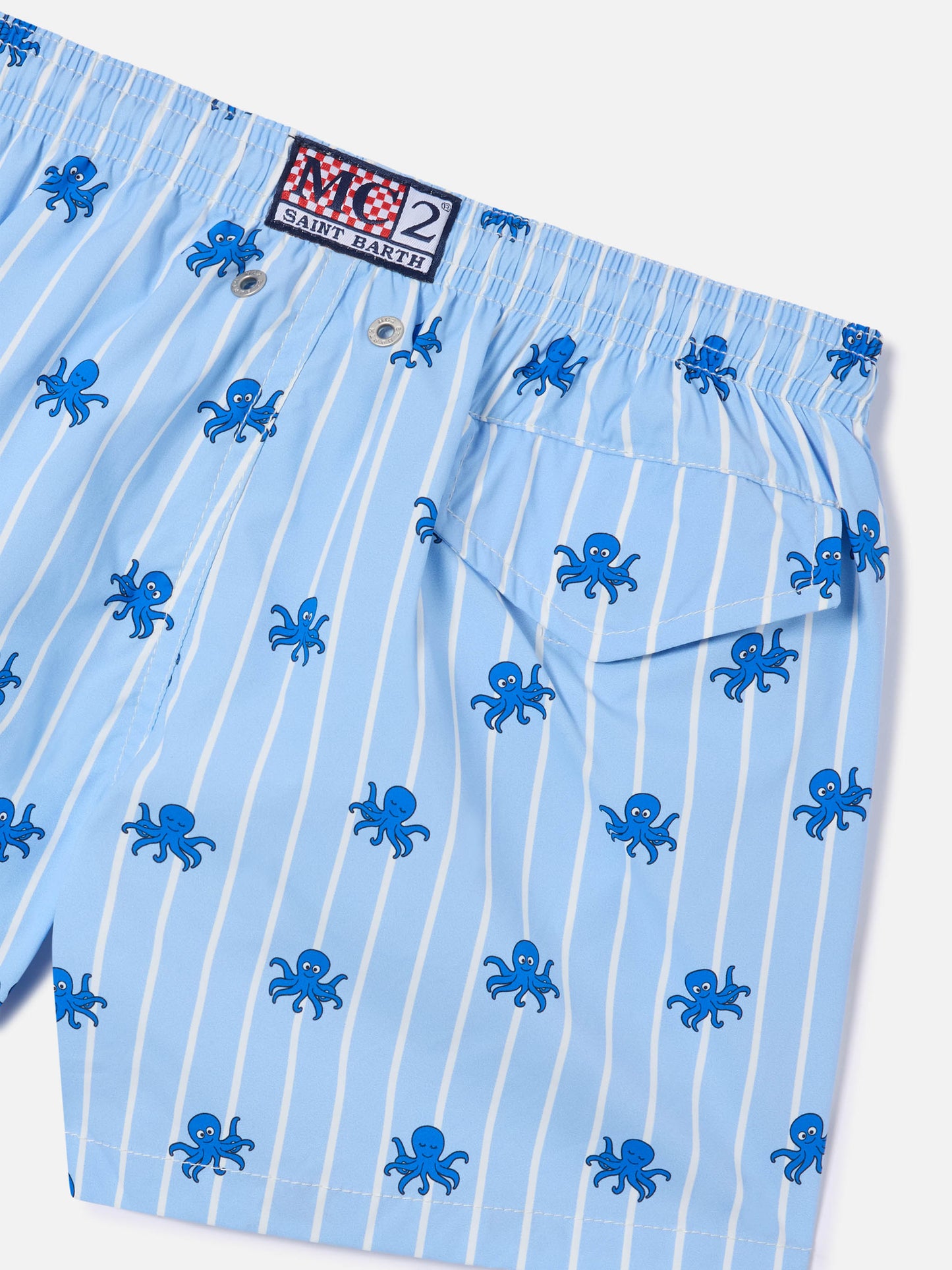 Gestreifte Jean Lighting Stretch-Badeshorts mit Octopus-Allover-Print