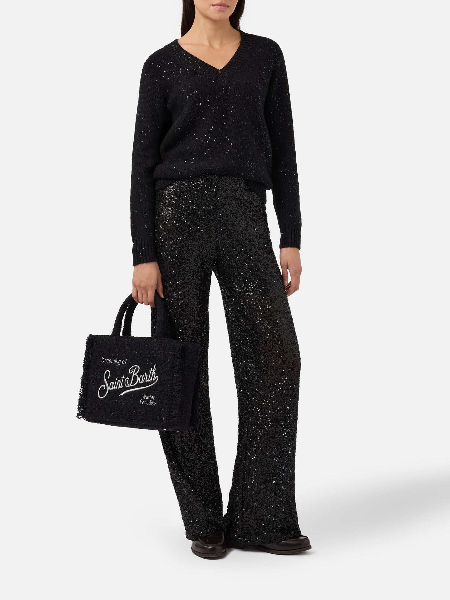 Pantaloni dritti Lucette in tessuto paillettes neri