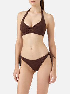 Leda Yali classic triangle bralette bikini in brown sangallo lace