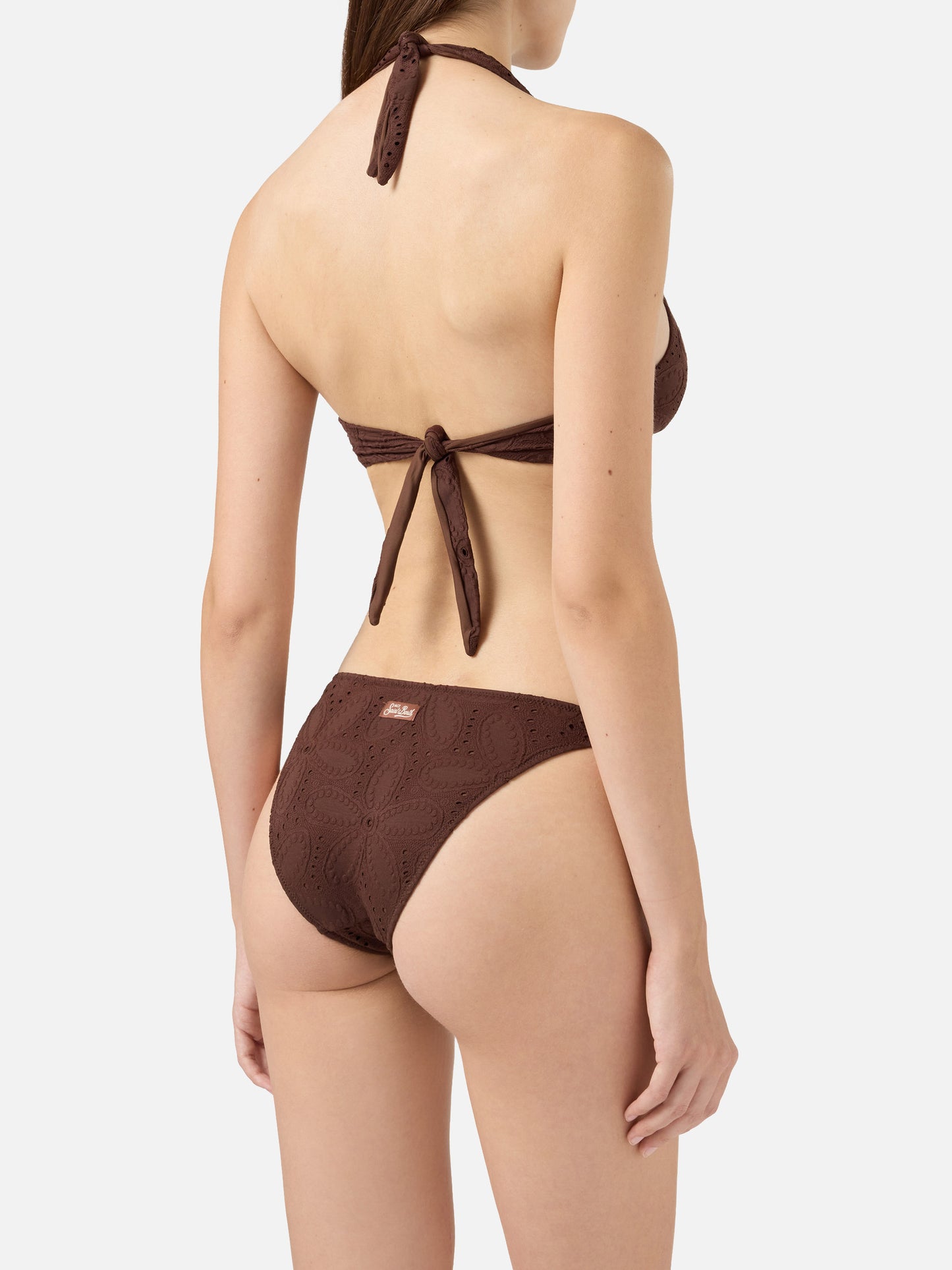 Bikini bralette a triangolo classico Leda Yali in pizzo sangallo marrone